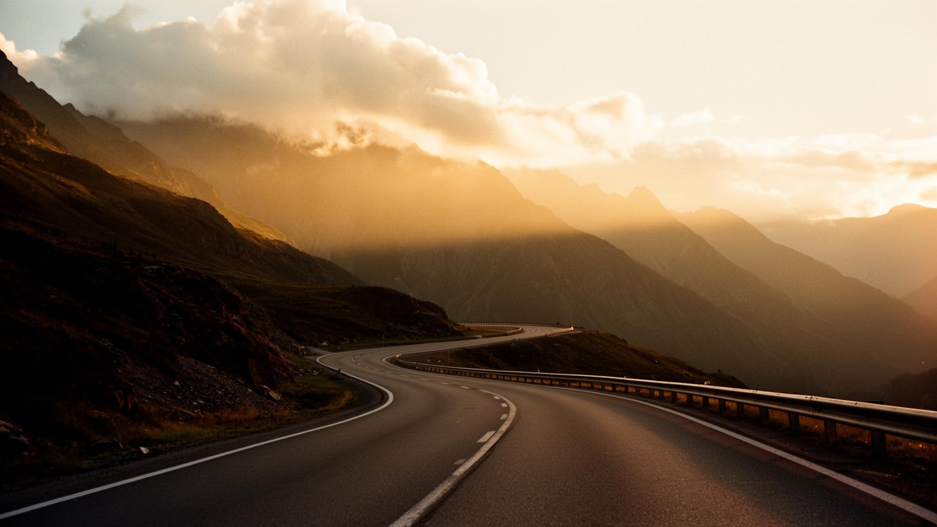Empty mountain road winding through golden-hour peaks